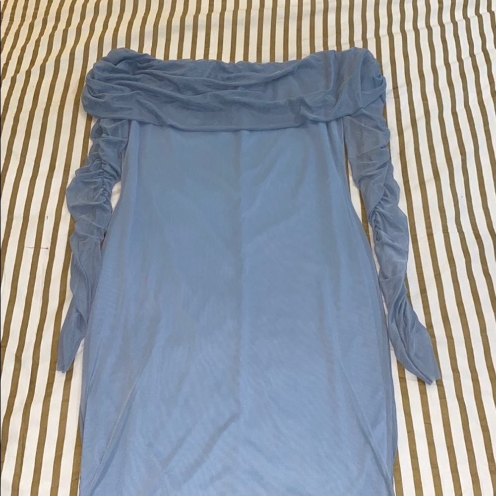 Plus Dusty Blue Ruched Bardot Mesh MIdi Dress